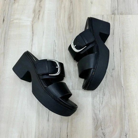 FitFlop Pilar Leather Slide Platforms great condition US Sz 7 big buckle black - Picture 3 of 6